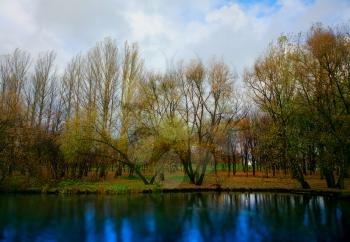 Autumn trees on park river bank background