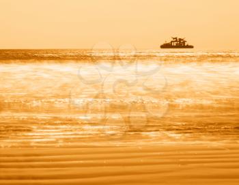 Horizontal vivid ship silhouette in ocean milk background backdrop