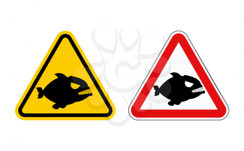 Dangerous marine predator. Attention of  Piranha. Hazard symbols. Set of labels for beach of sea andocean.