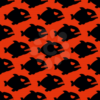 Aggressive seamless pattern from Piranha. Fish silhouettes with large teeth on red bloody background. Flock of evilmarine predators.