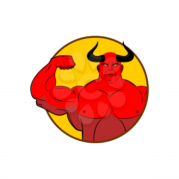 Logo for gym. Satan bodybuilder shows biceps. Emblem for sports teams. Horned red Demon with large muscles. Vector illustration of  devil.
