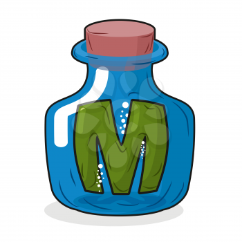 M in bottle. Green letter in blue glass jar. Magic potion bottle and a wooden stopper. Vector illustration of a laboratory flask vessel
