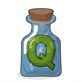 Q laboratory bottle. Letter in magical vessel with a wooden stopper. Letter Q for scientific experiments. Vector illustration of a laboratory flask vessel
