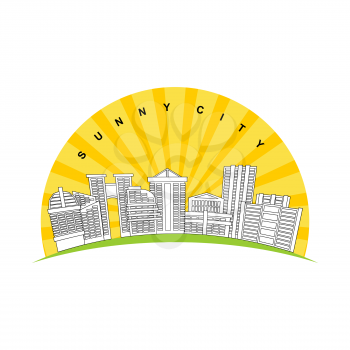  Sunny city. Logo for new modern prestigious district city. Skyscrapers and buildings on background of  solar sunrise. Logo for real estate industry