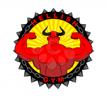 Hellish gym. Emblem for the fitness room. Logo mighty Devil bodybuilder. Red Satan with huge muscles. Sport Demon Athlete shows pose a double biceps. Emblem of  gym with spikes and chains.