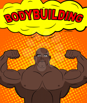 African American athlete in style of pop art. Trained bodybuilder shows big biceps. Bubble with text bodybuilding. Retro vector illustration