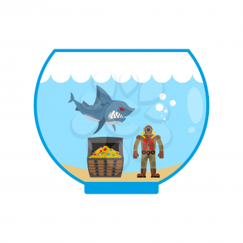 Mini shark in  Aquarium and  treasure chest. Scuba diver in old costume.