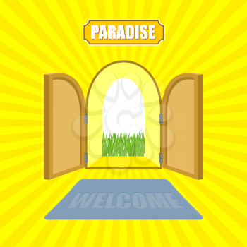 Welcome to paradise. Open gates of paradise gardens. Mat in front of door. Von Glow solar.  Entrance to God. Vector illustration on religious topics