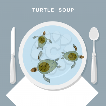 Turtle soup. Sea turtles swim in plate. Exotic popular Food top view. Cutlery: spoon and knife. Vector illustration of delicatessen food.
