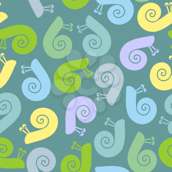 Silhouette snail with spiral shell. Vector seamless texture.