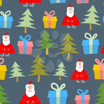 Santa Claus, gift and Christmas tree. Christmas seamless pattern. Vector background of symbols of new year.

