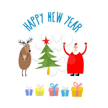 Set  icons for happy Christmas and new year. Christmas tree and Santa Claus. Christmas reindeer and gifts. Vector illustration