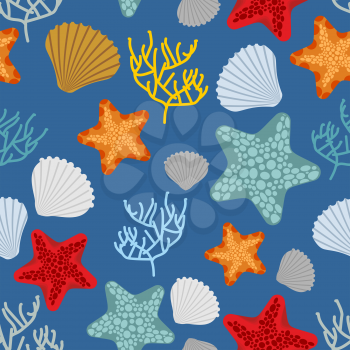 Marine seamless pattern. Starfish, scallop and corals. Clam shells and underwater polyps. Oceanic vector background. Marine Vintage fabric ornament