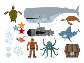 Underwater world set. Keith and submarine, shark and terrible Octopus. Sea turtle and pirates treasure chest. Starfish, scallop and corals. Old diver diving suit. Vector illustration of ocean dwellers