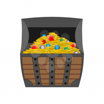Treasure chest. Gold and precious stones in open chest. Wooden box full of jewels and gold coins. Vector illustration symbol of wealth
