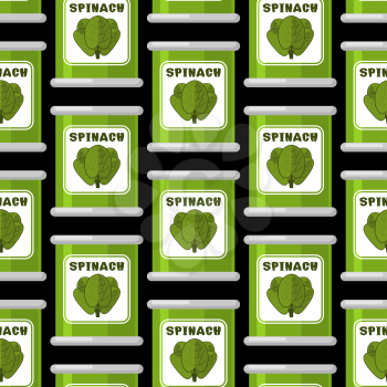 Spinach in tin seamless pattern. Useful greens ornament. Green lettuce texture. organic vegetable background