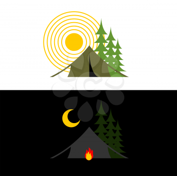 Camping day and night. Landscape with tent and forest. Accommodation in camp. Sun and moon. fire at booth
