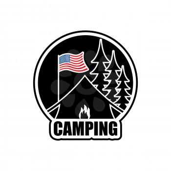 American Camping logo. Emblem for accommodation camp. USA flag. Landscape with tent and forest. Fire at booth
