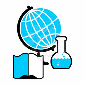 Science logo. Globe and laboratory flask. Book and test tube research. Tutorial and scientific glassware for experiments. Emblem for education university
