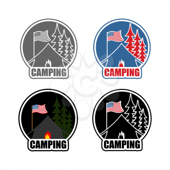 American Camping logo set day and night. Emblem for accommodation camp. USA flag. Landscape with tent and forest. Fire at booth. Sun and moon
