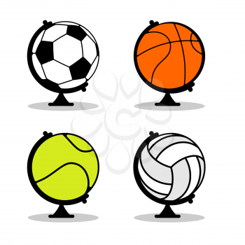 Sports Globe set. Balls in Earth sphere. Basketball and football. Tennis and volleyball. Planet Sports. World game
