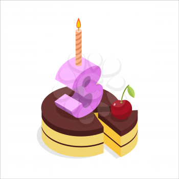 Birthday 3 years. Cake and Candle isometrics. Number three with candle. Celebration of anniversary cake and cherry. Piece of festive chocolate cake. Cheerful celebration
