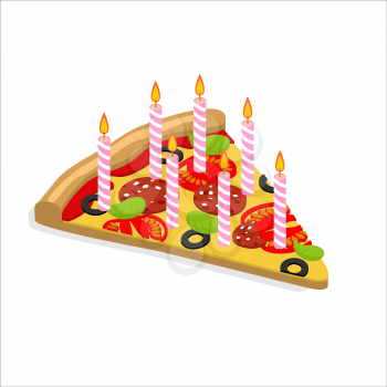 Holiday candles pizza with isometrics. Birthday fast food. Food is food for  birthday. Festive meal
