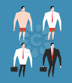 Businessman in  business suit and briefcase. Set man in clothes and naked. rustler in shorts
