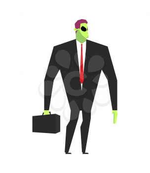 Alien businessman. UFO boss. Martian in business suit. Alien and case. Space Ambassador with suitcase. Green alien businessman with Mars
