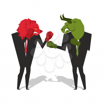 Bear and bull are boxing. Traders fight. Businessmen combat in business suit and boxing gloves. Battle of red and green bear bull. Allegory illustration for business infographics
