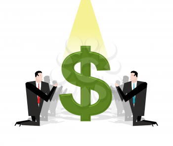 Businessman praying to dollar. Financial idol. Worship of money. Prayer cash. People are standing on their knees in front of dollar sign. Allegory illustration for magazine business
