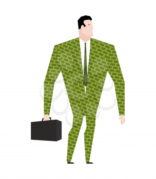 Businessman in suit of dollars. Money Clothing. Trendy Office plankton. Boss on white background. Male businessman isolated
