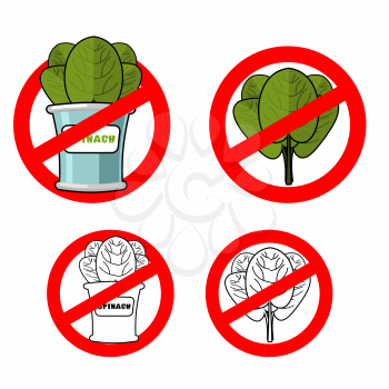 Stop spinach. Prohibited green leaf lettuce. Red prohibition sign. Crossed-fresh greens. Ban vegetarianism. Anti vegan

