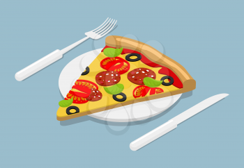 Piece of Pizza isometrics. 3D Italian food on plate. Cutlery fork and knife. Kitchenware. Pizza ingredients tomatoes and cheese, sausage and spinach
