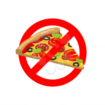 Stop Pizza. Forbidden fast food. Crossed out slice of pizza. Emblem against Italian food. Red prohibition sign. Ban harmful food
