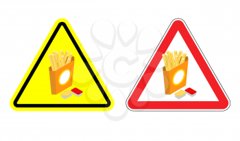 Warning sign attention French fries. Dangers yellow sign fast food. Slices of fried potatoes in paper box and cheese sauce and ketchup in red triangle. Set of road signs
