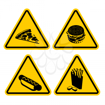 Set Warning sign fast food. Dangerous foods containing lot of fat. Many of calories. Unhealthy food. Pizza and hamburger. Hot dog and french fries. Collection of road signs
