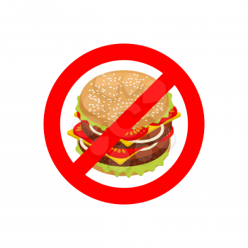 Ban hamburger. Stop fast food. Strikethrough juicy burger with cutlets. Emblem against unhealthy food. Red prohibition sign. Forbidden harmful food