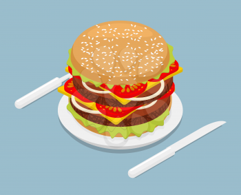 Hamburger isometrics. 3D Fast food on plate. Cutlery fork and knife. Kitchenware. Big Juicy Burger with cheese and vegetarian cutlets. Onions and tomatoes. Petite American Sandwich
