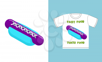Fast food -  toxic food. Hot dog in acid colors. Illustration about dangers of fast food. Print on T-shirt. Juicy unusual hot dog bun blue and purple sausage
