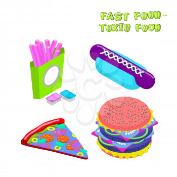 Fast food -  toxic food. Illustration about dangers of fast food. Purple potato slices. Blue sauce. Harmful hamburger. Blue hot dog. purple pizza
