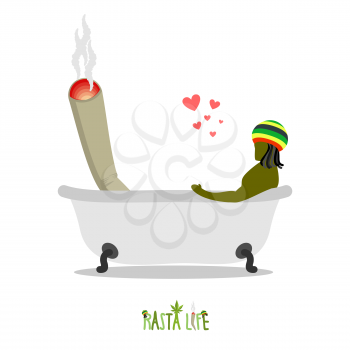Rasta life. Rastaman and joint or spliff in bath. Man and smoking drug together bathe. Marijuana lovers and wash. Romantic illustration hemp
