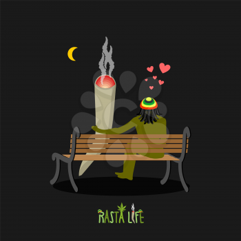 Rasta life. Rastaman and joint or spliff look at moon. Man and smoking drug on bench. Marijuana Lovers of night sky. Romantic illustration hemp