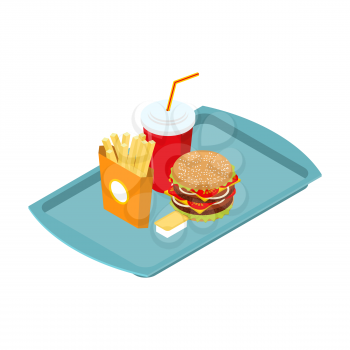 Fast food set on tray isometric. Frying potatoes. Big hamburger. Fresh burger with a chop. Cheese sauce and ketchup. Several drinks. Red disposable paper cup with straw. harmful food
