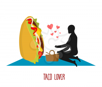 Taco lover. Mexican food at picnic. Rendezvous in Park. Fastfood and people. Rural jaunt in love with eating. Meal in nature. Plaid and basket for feed on lawn. Romantic meal illustration