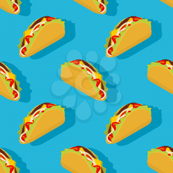Taco seamless pattern. Traditional Mexican food background. Corn tortilla and bow ornament. Tomato and fresh meat. Fast food texture
