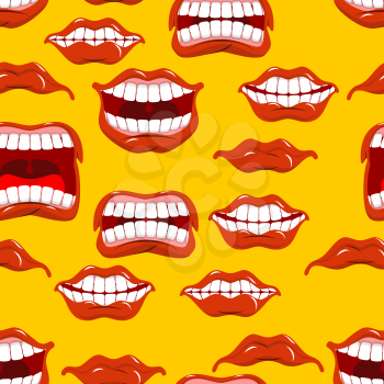 Mouth emotions seamless pattern. Red lips ornament. Background of different expressions of lip. Shouts and joy. Shouting and laughing. Angry and dissatisfied. Cry and laugh
