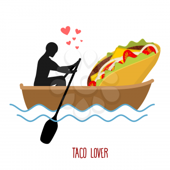 Lover taco. Man and fastfood and ride in boat. Lovers of sailing. Man rolls Mexican food on gondola. Appointment of food in boat on pond. Romantic illustration feed

