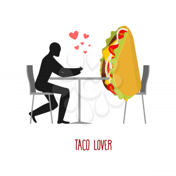 Lover taco. Lovers in cafe. Man and fastfood sitting at table. Mexican food in restaurant. Romantic date in public place.  
