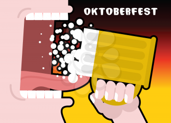 Drinks beer from mug. Man and alcohol. Poster for Oktoberfest. National Holiday in Germany
